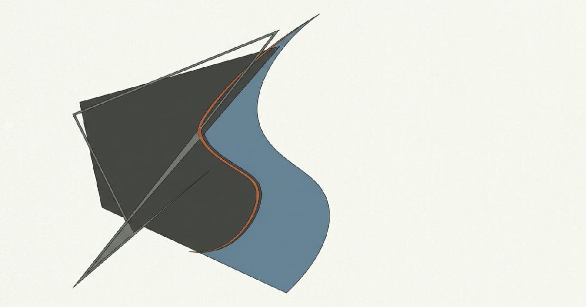 Two abstract geometric shapes interlocking in muted tones with orange accent detail.
