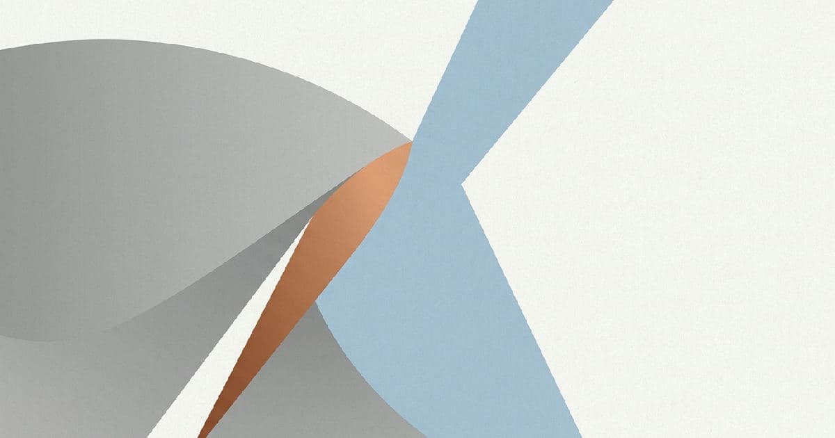 Two abstract geometric shapes interlocking, muted tones with copper accent at convergence point.