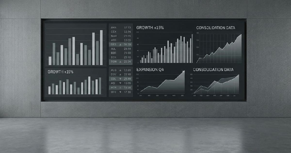 Desaturated trading floor display showing financial growth metrics and market data visualisation.